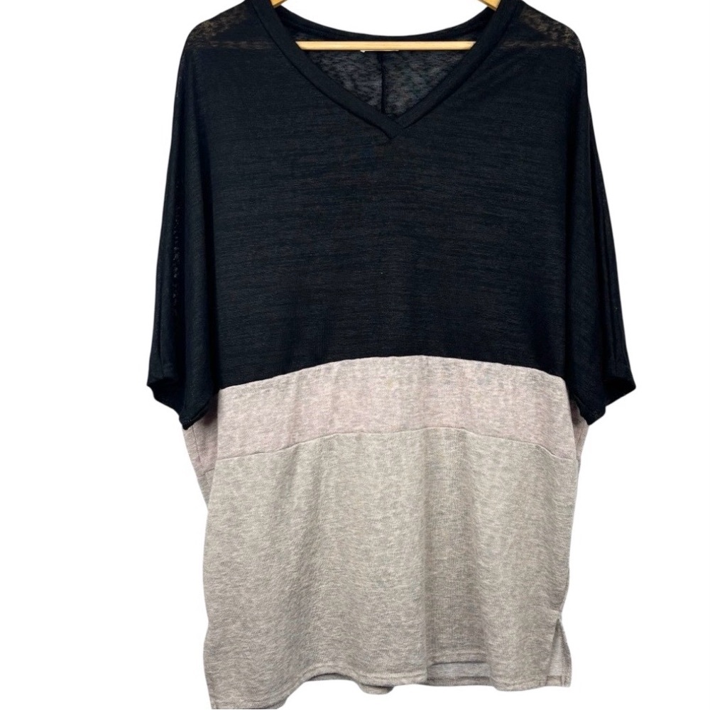 Myesper Apparel Tri Colour Black Blush Grey Semi Sheer Lacey Look V-Neck Top XXL